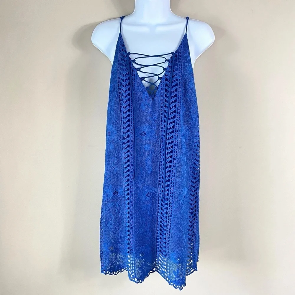 ASTR Blue Lace Up Crochet Slip Dress Spaghetti Straps Boho Festival Size S - Picture 4 of 9